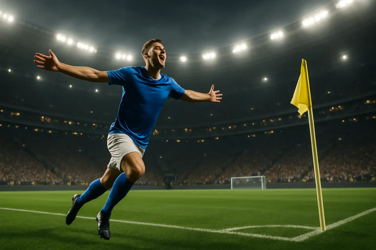 A footballer celebrating a hat-trick goal in a packed international stadium under floodlights