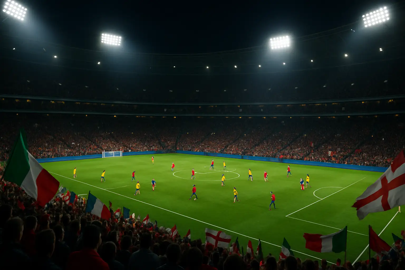 A football stadium packed with fans watching a World Cup group stage match under floodlights