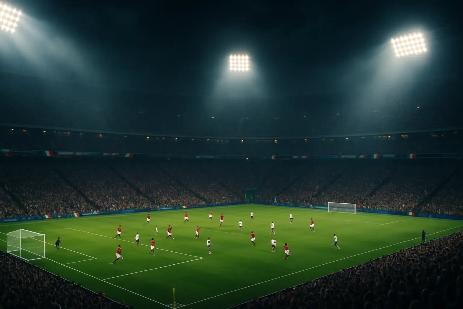 Football players competing on a large stadium pitch under floodlights during a World Cup group stage match