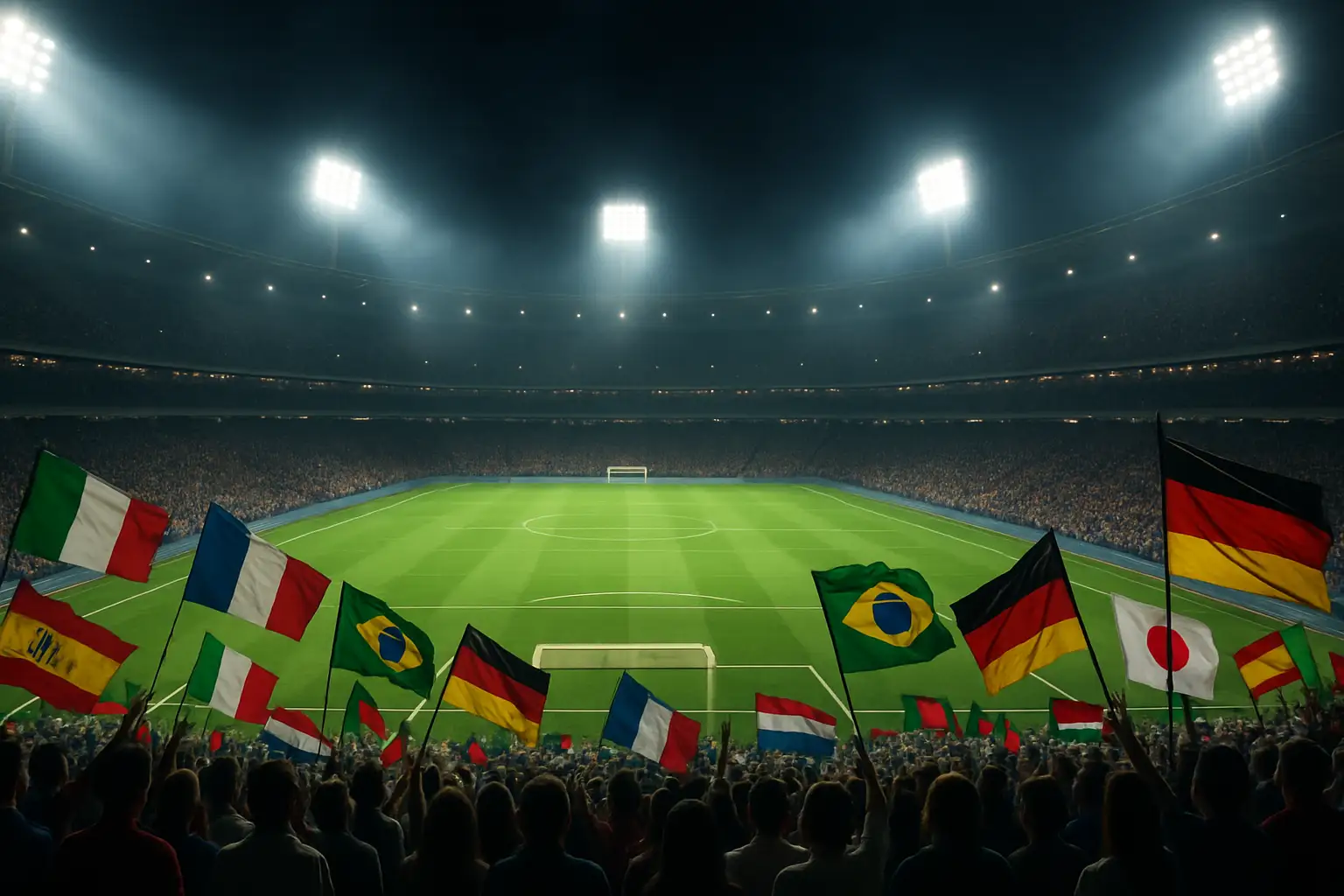 A football stadium filled with colorful fans waving flags from multiple nations under bright floodlights