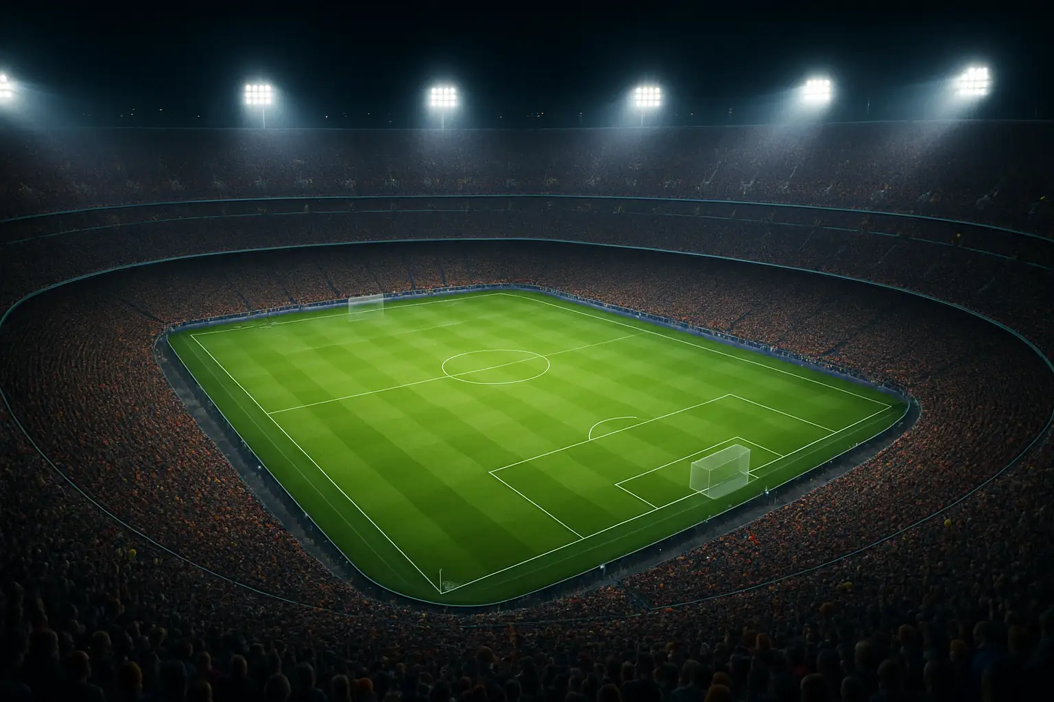 A packed football stadium at night during a World Cup finals match with floodlights illuminating the pitch