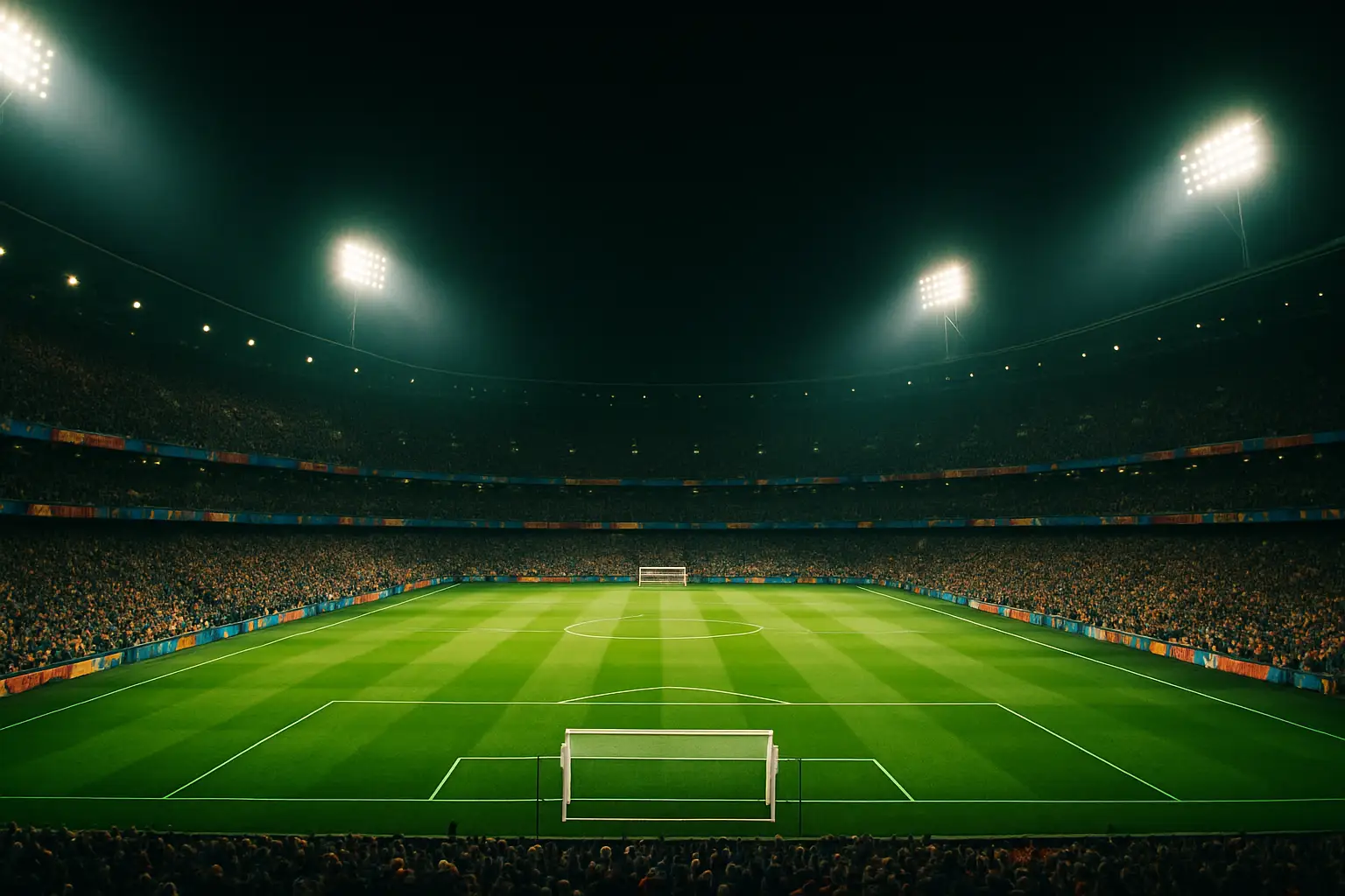 A packed football stadium at night with floodlights illuminating the pitch during a major international match