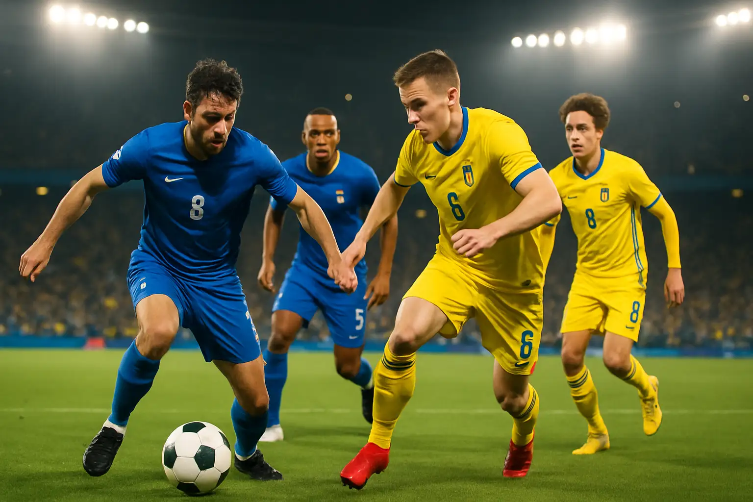 Football players competing in a World Cup knockout stage match under stadium floodlights