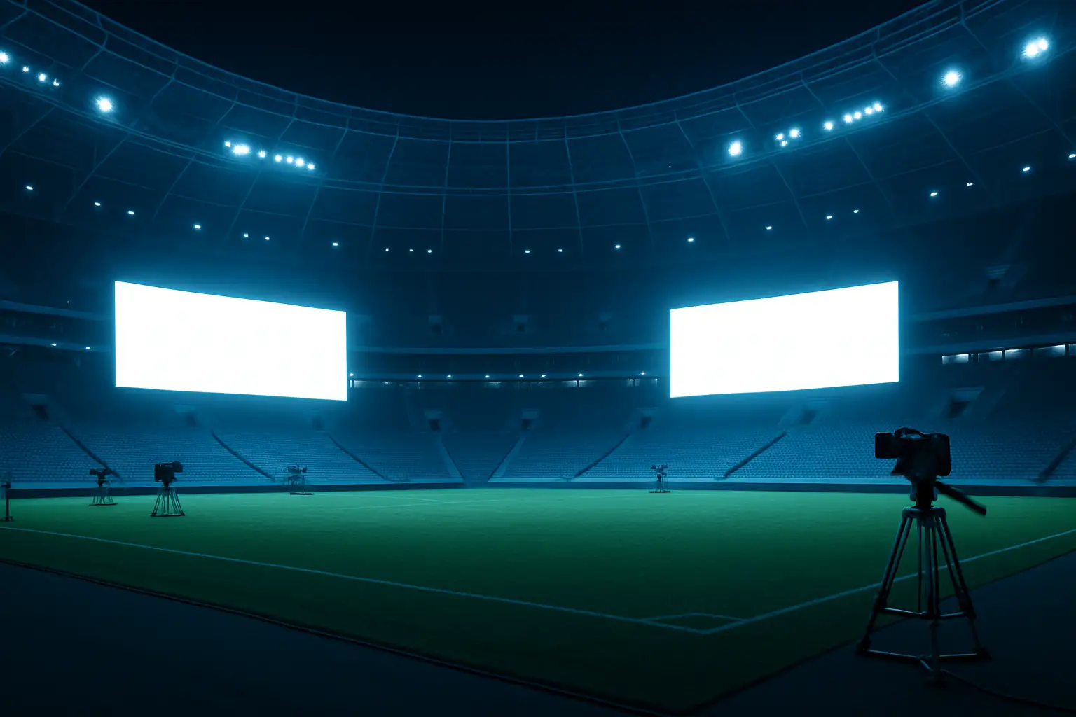 Modern stadium interior filled with large LED displays and broadcast camera rigs ahead of a major football tournament