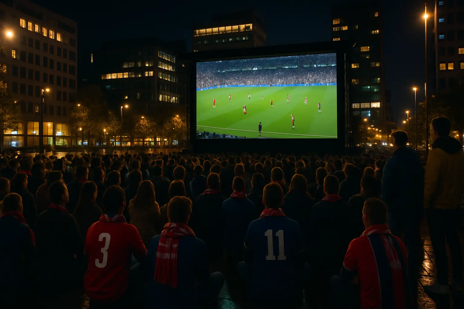 A large outdoor screen showing a live football broadcast to a crowd at night in a city square