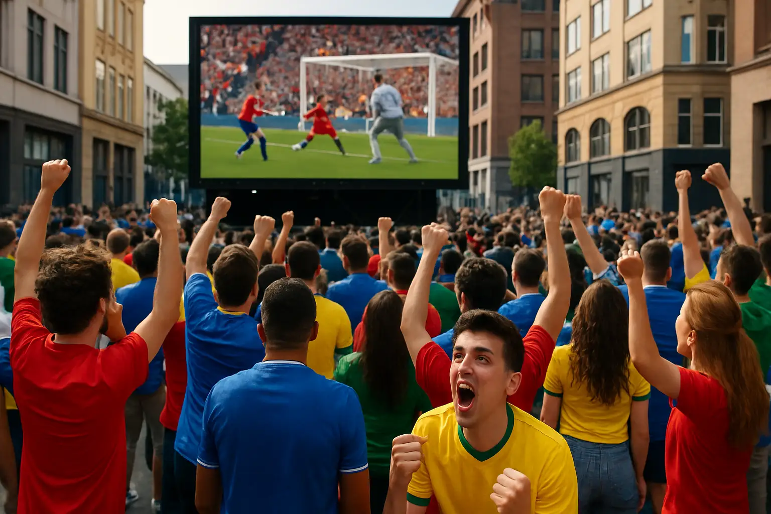 A large outdoor screen showing a football match broadcast to a crowd of fans