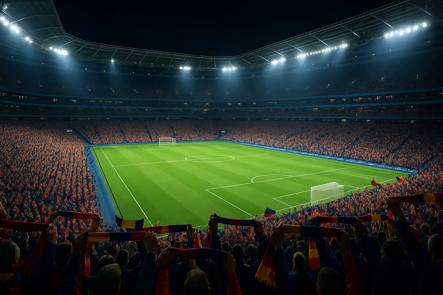 Stadium lights illuminate a packed football arena during a World Cup match at night