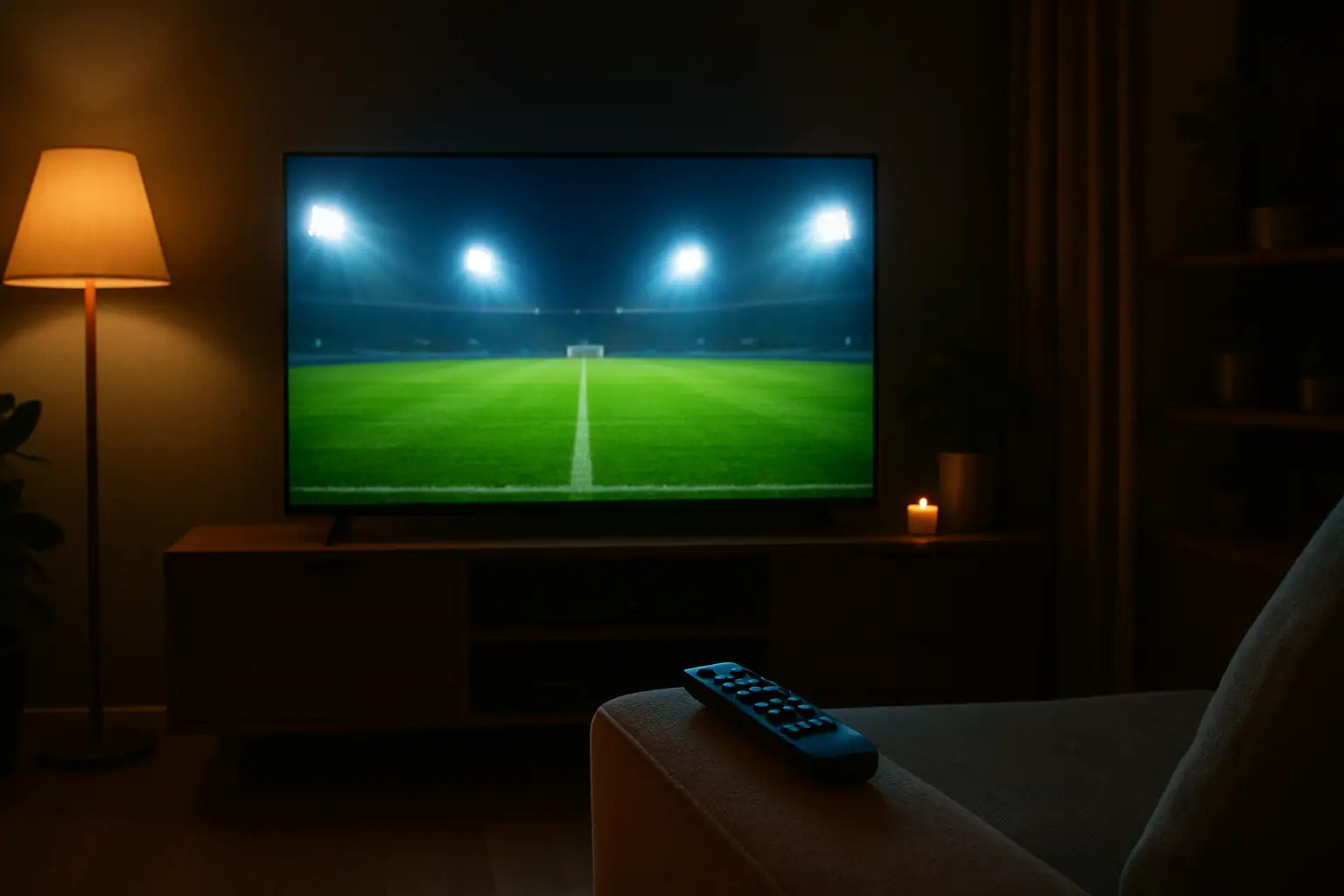 A television screen showing a football match broadcast with stadium lighting in the background