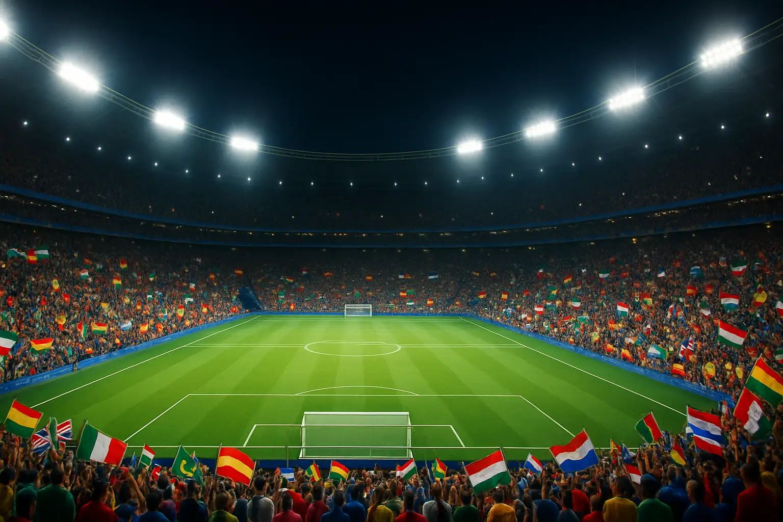 A football stadium lit up at night with fans filling the stands ahead of a major international match