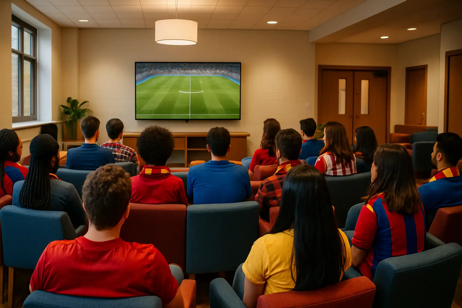 Football fans gathered around a large screen watching a live World Cup match