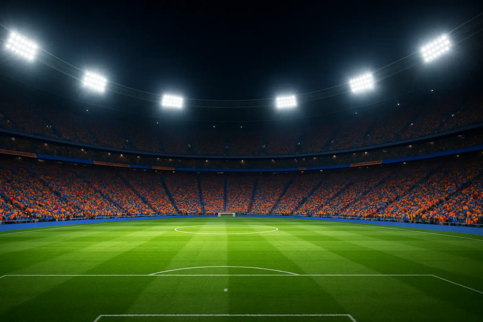 A packed football stadium at night with floodlights illuminating the pitch during a major international tournament
