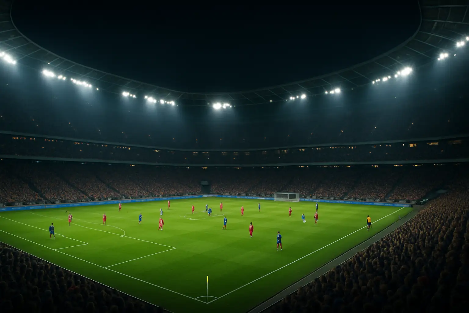 Football players competing on a floodlit World Cup stadium pitch at night