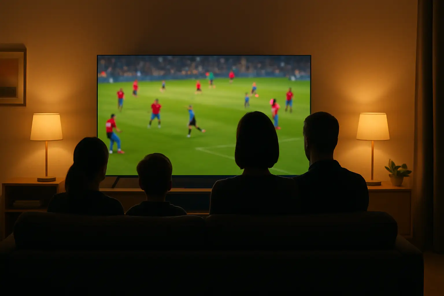 A television screen showing a live football match broadcast in a living room