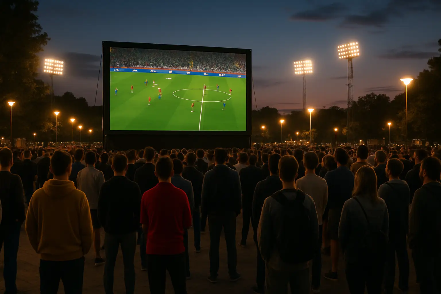 A large outdoor screen showing a live football match while a crowd of fans watches together