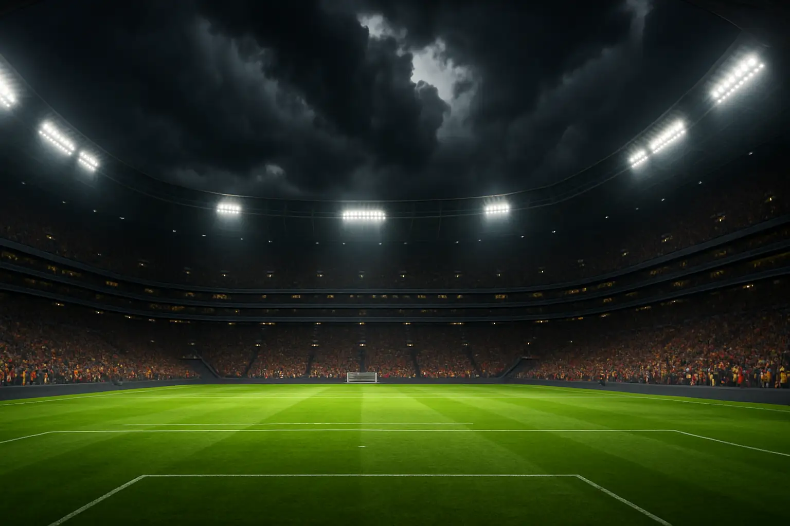 A packed football stadium at night with floodlights illuminating the pitch during a major international tournament