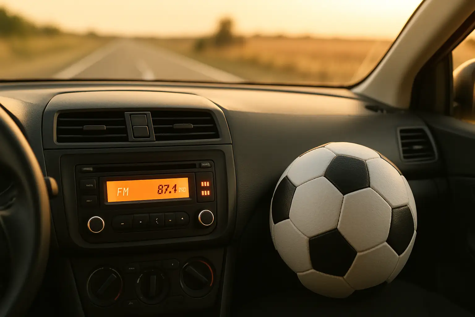 A car dashboard radio display showing a soccer broadcast while driving on an open highway