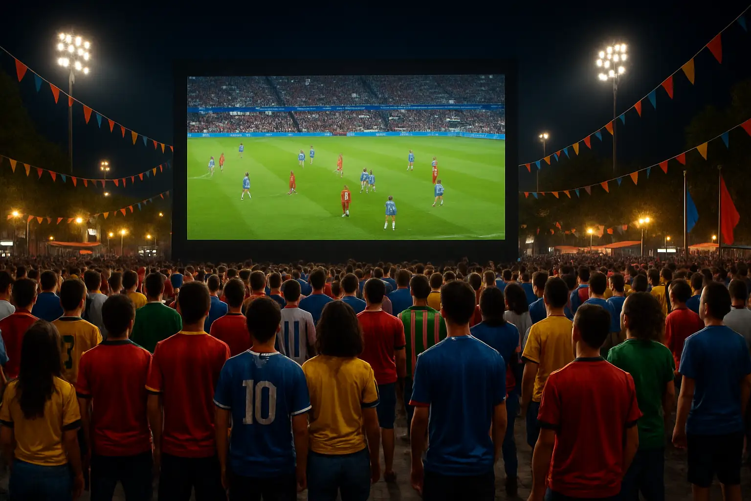 A large outdoor screen showing a football match to a crowd of fans at night