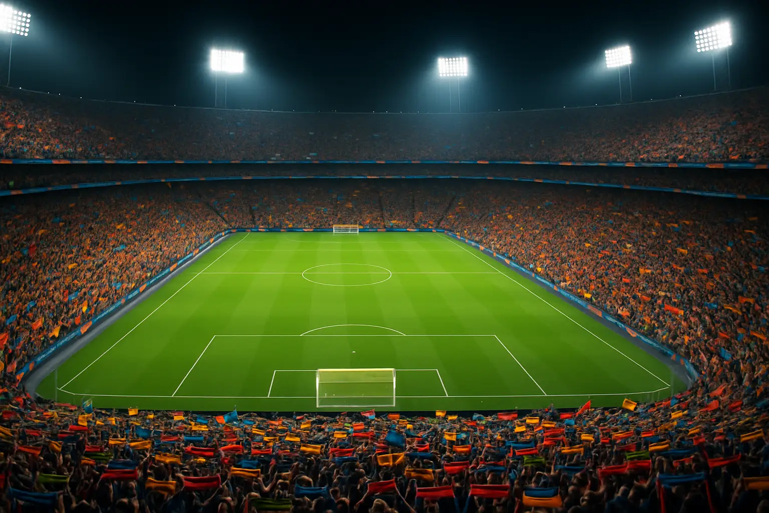 A crowded stadium lit up at night during a FIFA World Cup 2026 group stage match