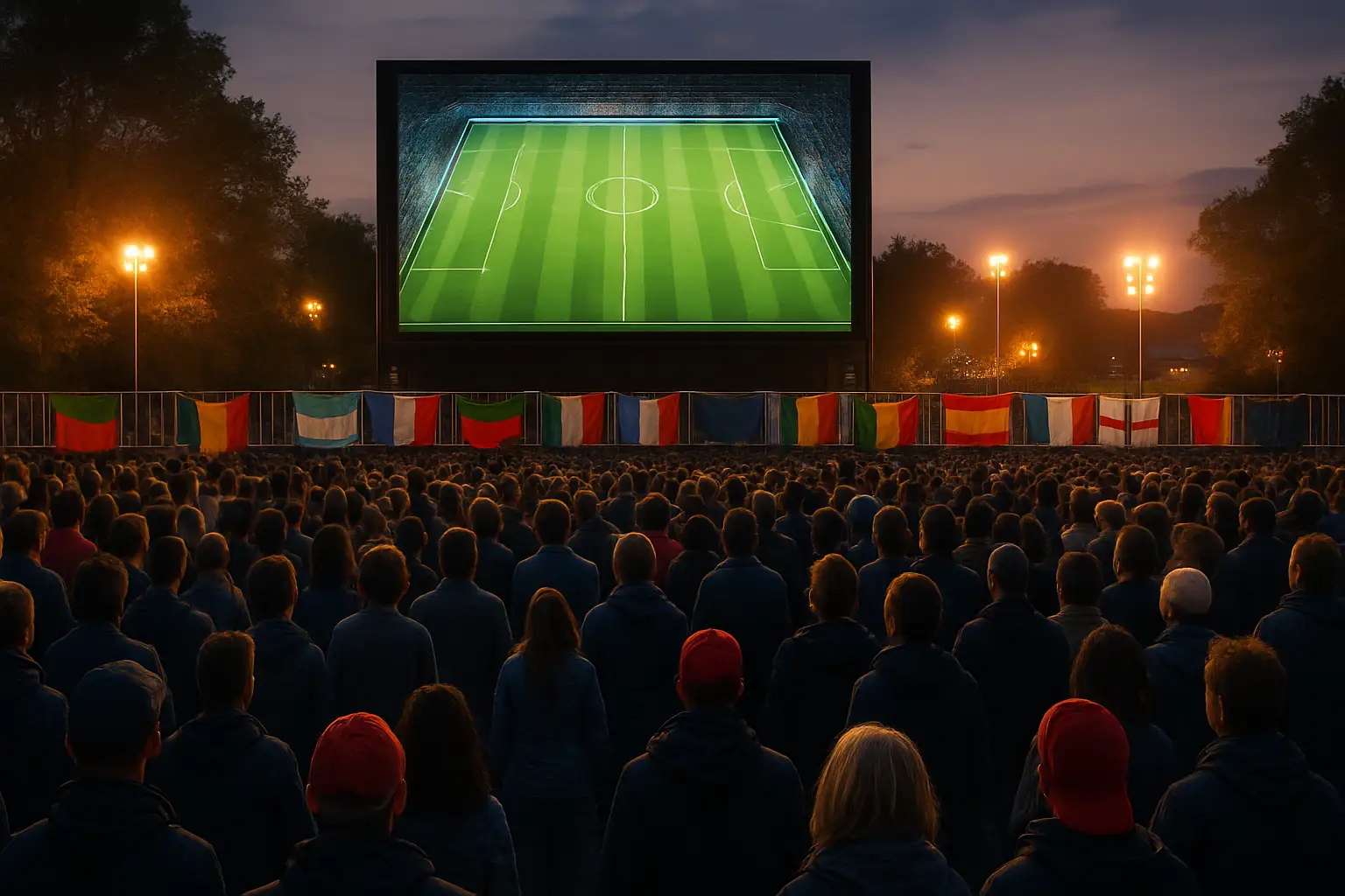 Fans watching a football match on a large screen in a crowded stadium viewing area