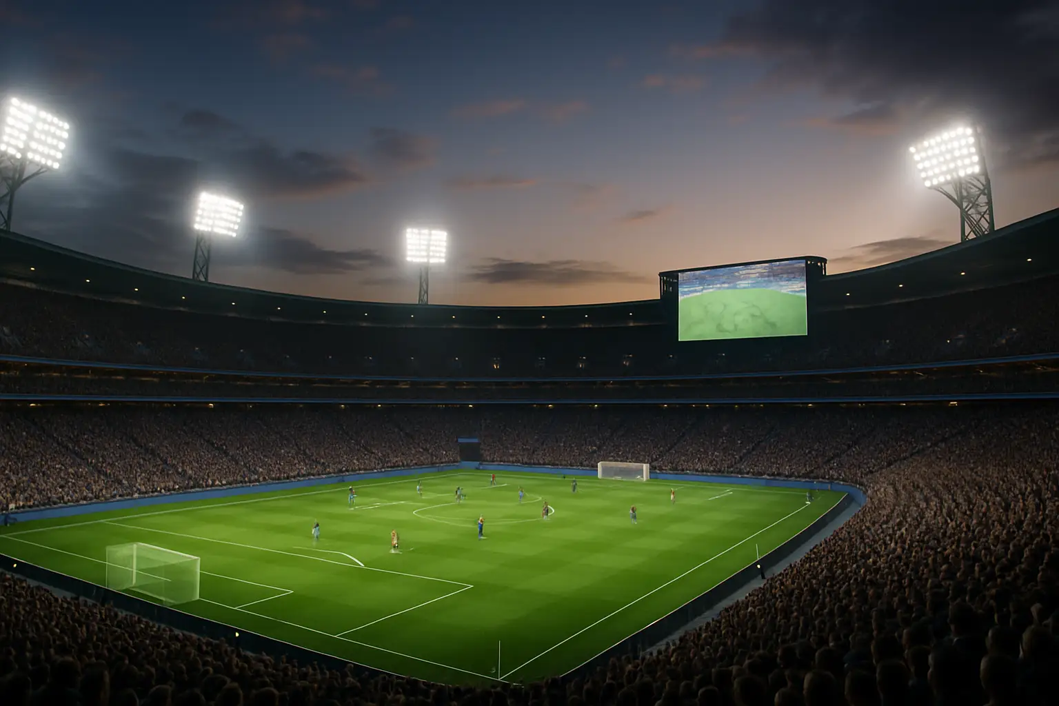 A large stadium screen displaying a live football match broadcast during the FIFA World Cup 2026