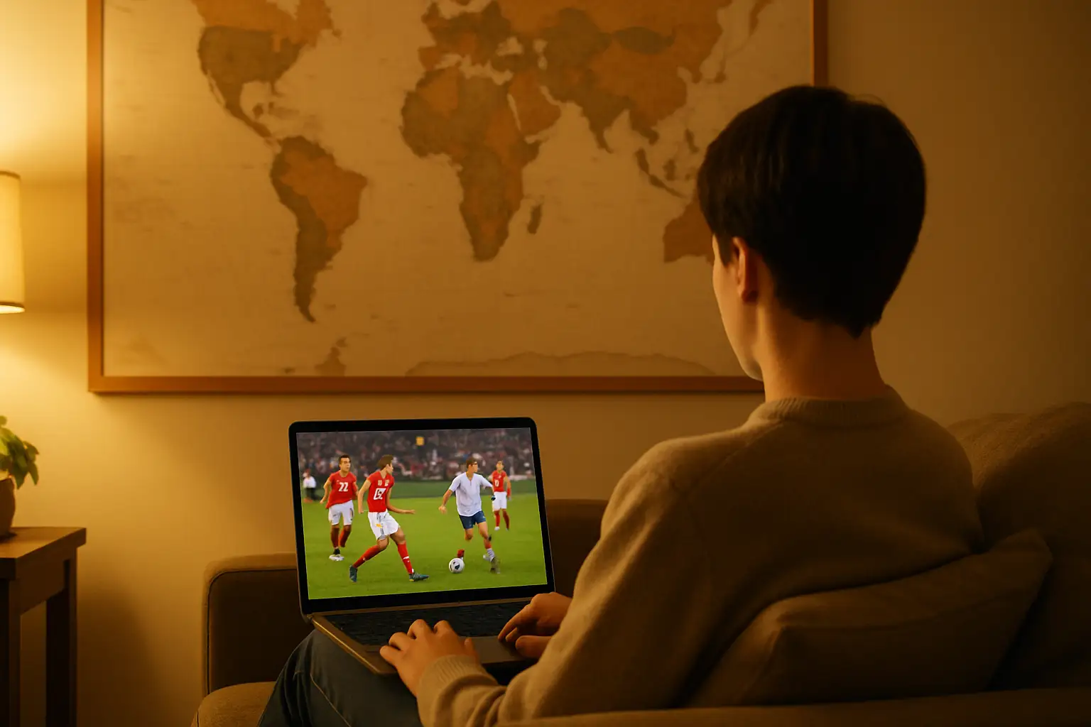 A football fan watching a live match stream on a laptop in a living room with a large world map on the wall
