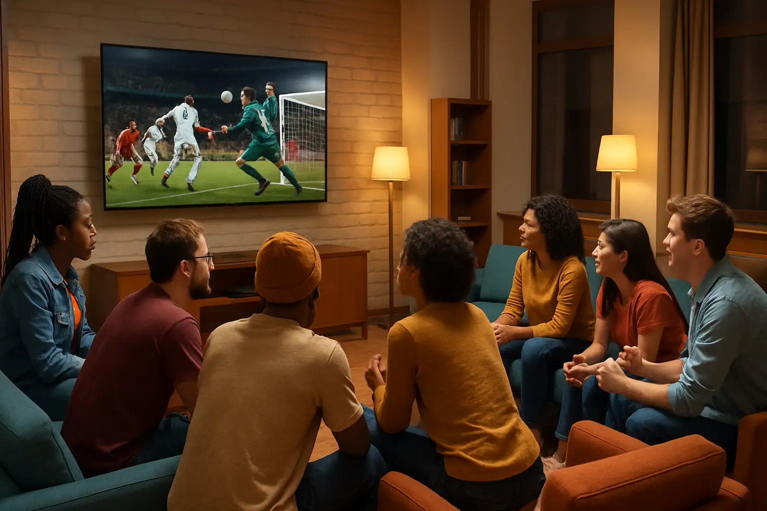 Football fans gathered around a large screen watching a live World Cup match broadcast