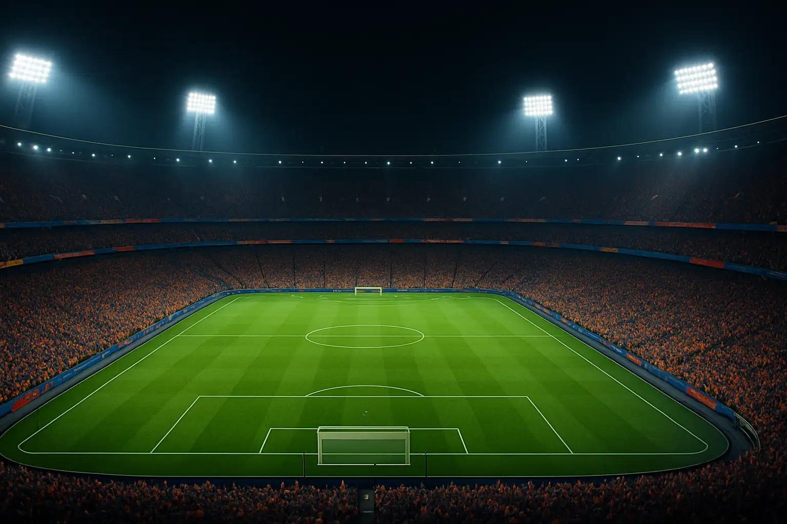 A football stadium packed with fans watching a live match on a giant screen at night