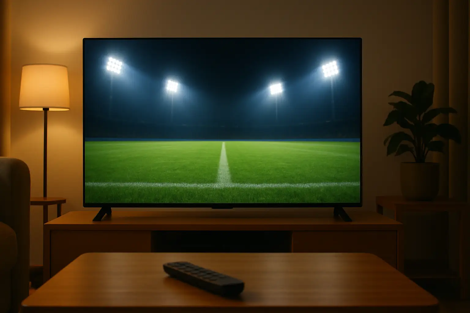 A television screen showing a live football match broadcast with stadium lights and a packed crowd in the background