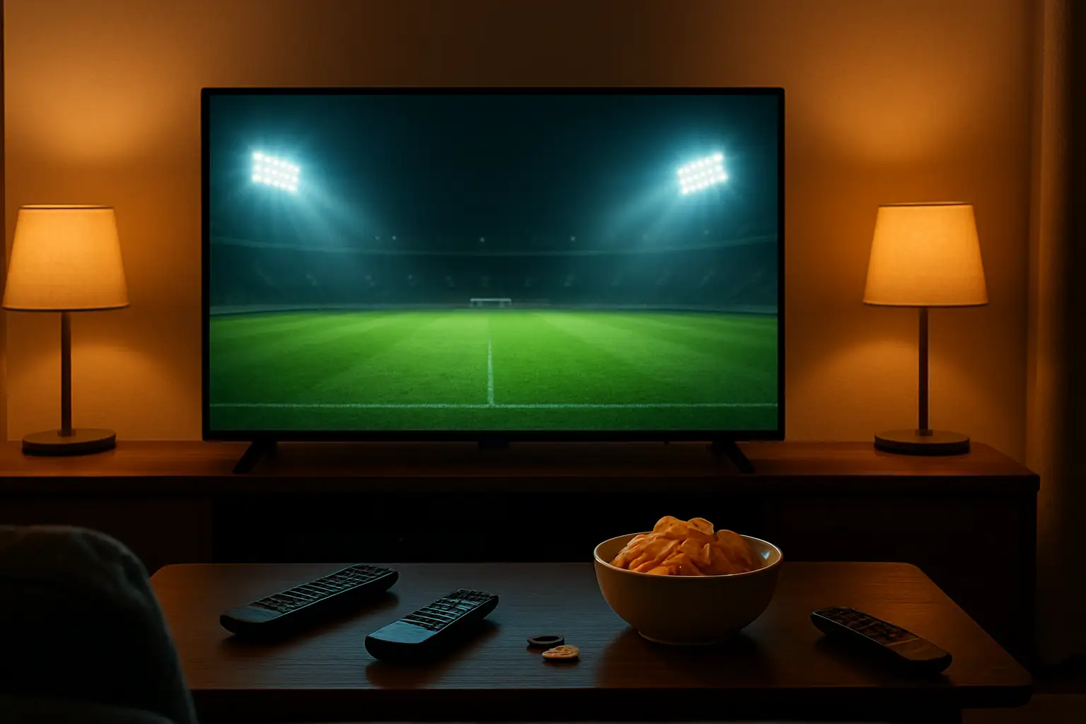 A television screen showing a football match broadcast with stadium lights in the background