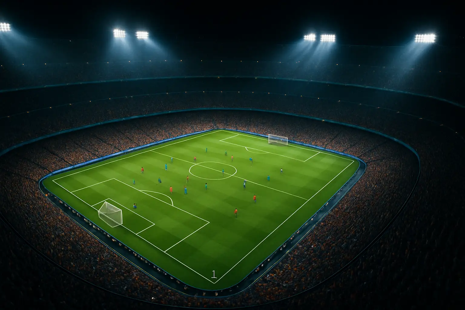 Football players competing in an intense World Cup group stage match under stadium floodlights