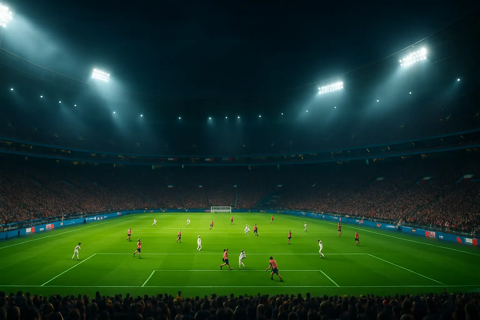 Football players competing in a World Cup stadium under floodlights with a large crowd in the background