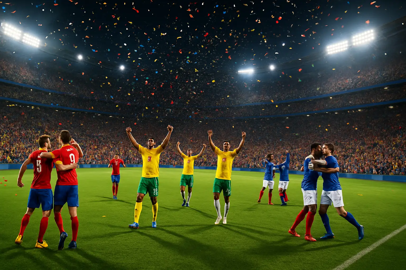 Soccer players celebrating a World Cup goal on a packed stadium pitch