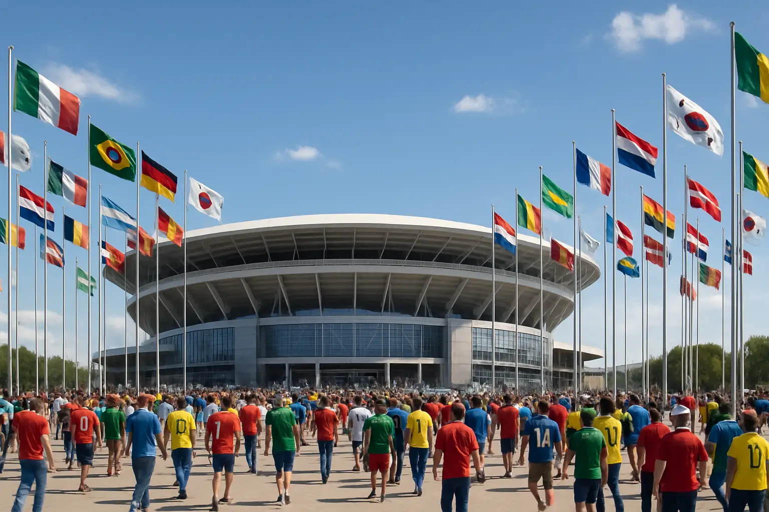 Colorful national flags flying outside a large football stadium on a sunny day