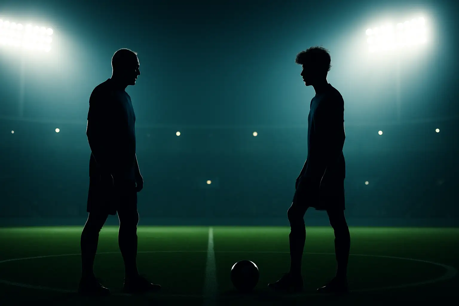 Two football players from different generations facing off on a floodlit international stadium pitch