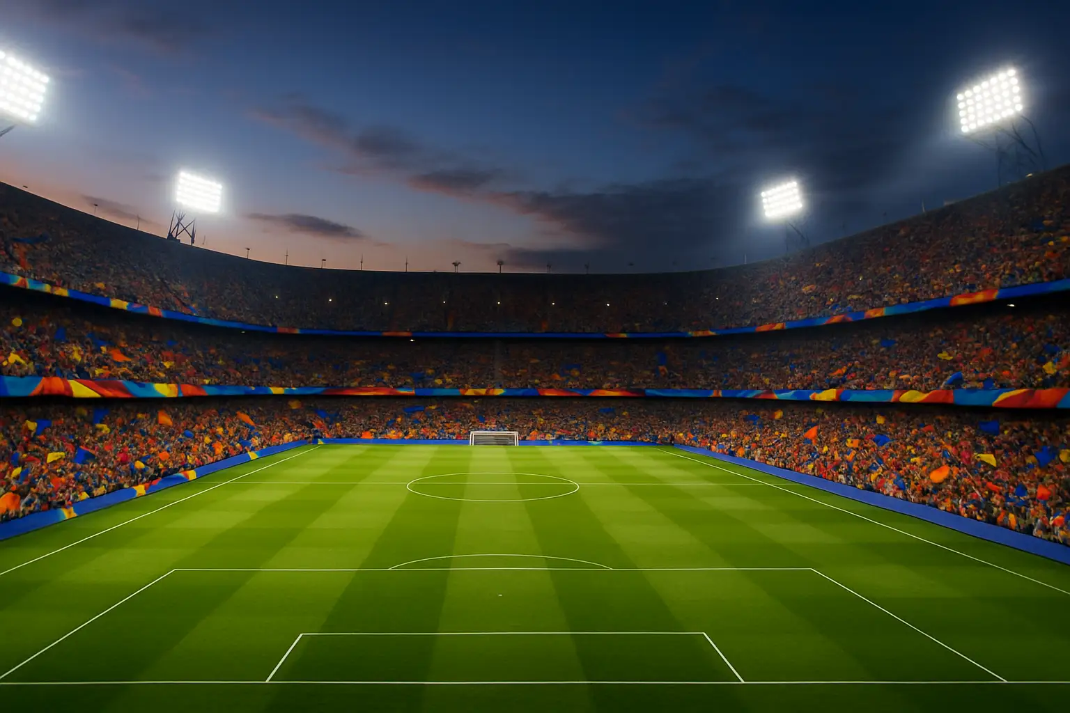 A football stadium filled with fans waving colorful flags before a major international match