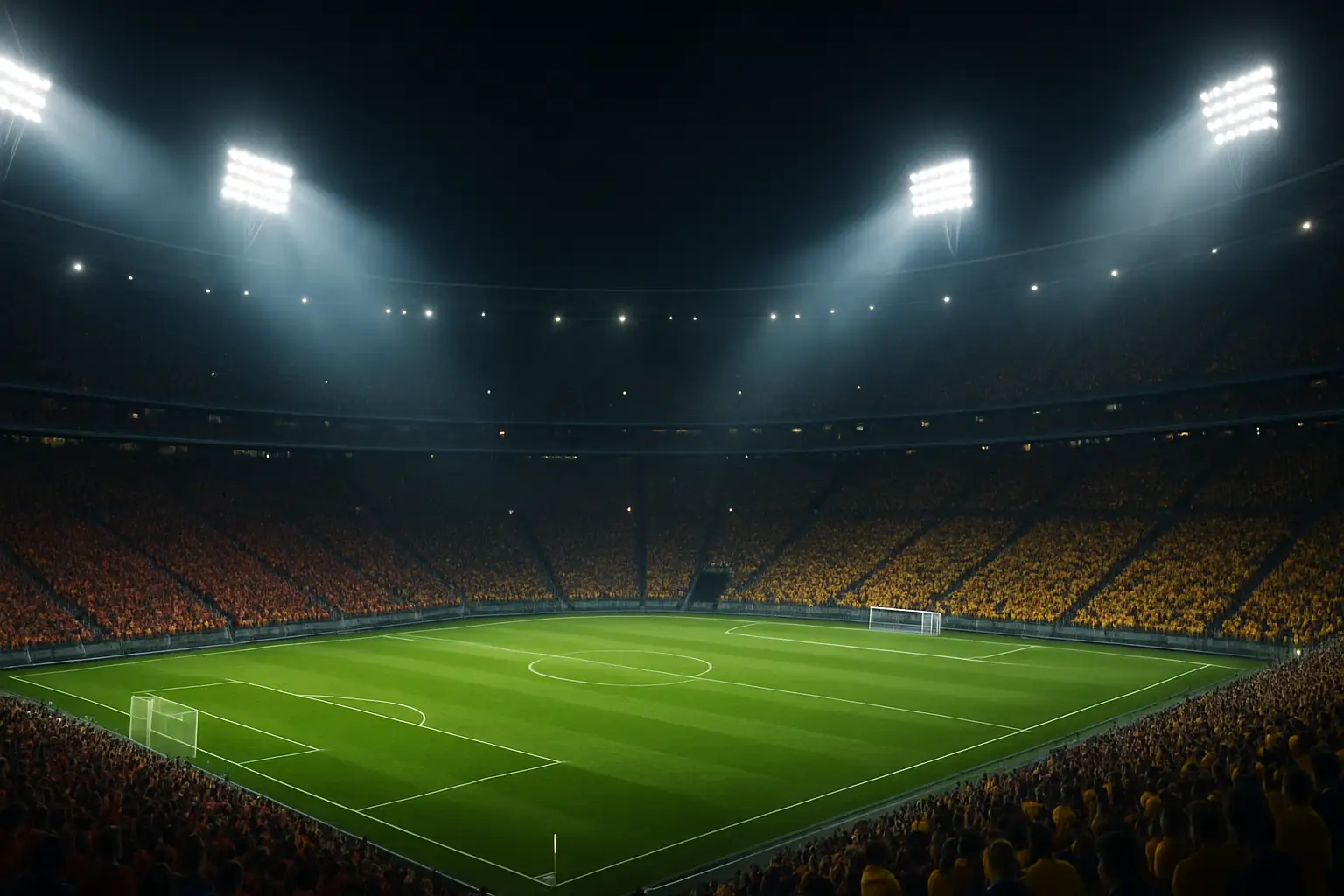 A football stadium packed with fans under floodlights during an international match