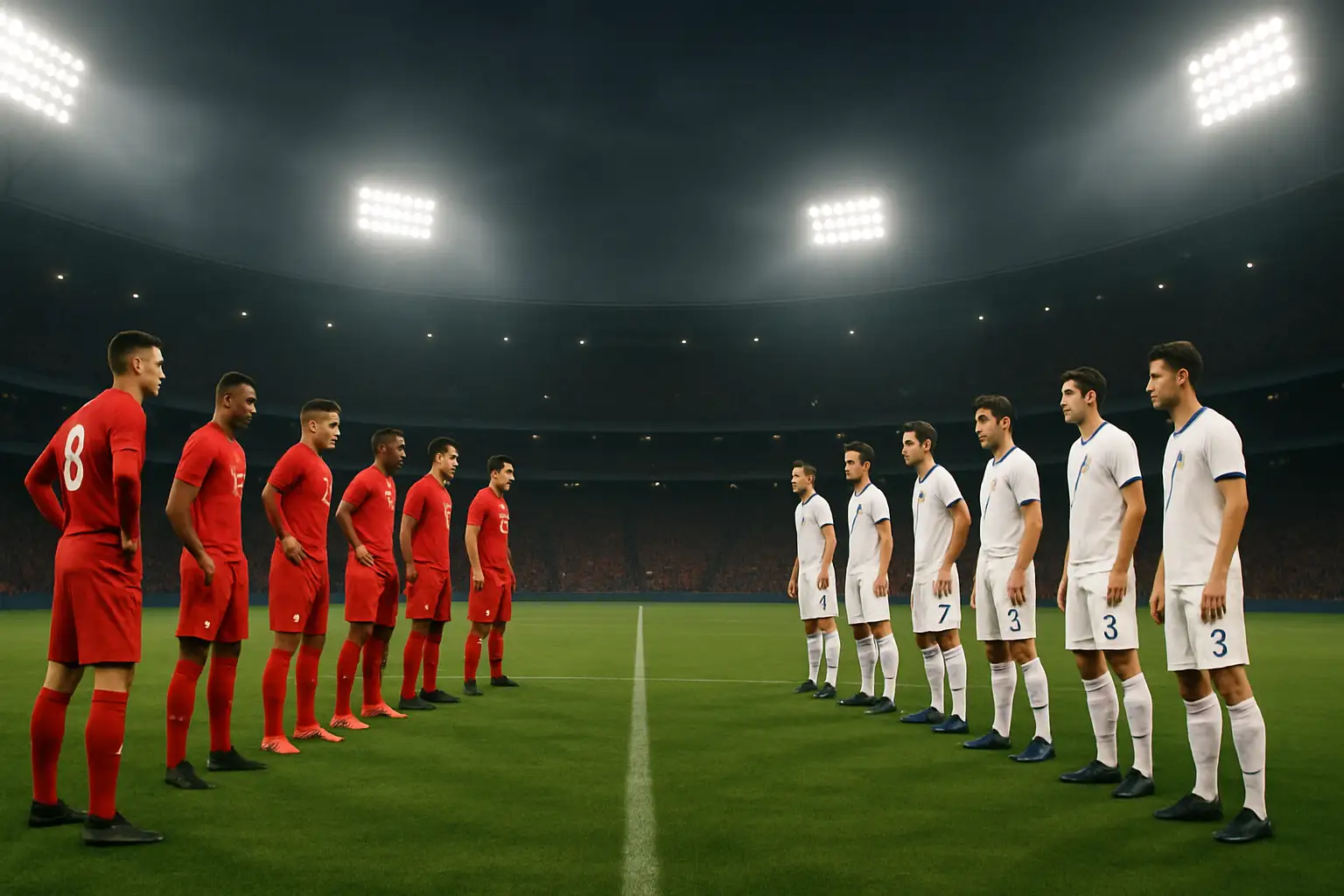 Football players from two national teams competing in a World Cup quarter-final stadium match under bright floodlights