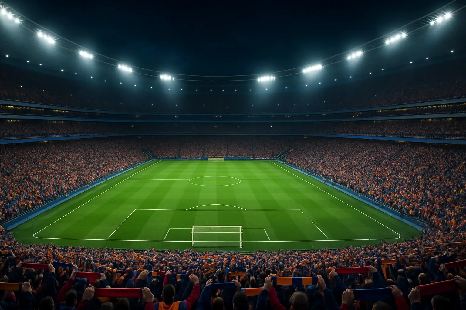 Football fans watching a World Cup match on a large stadium screen at night