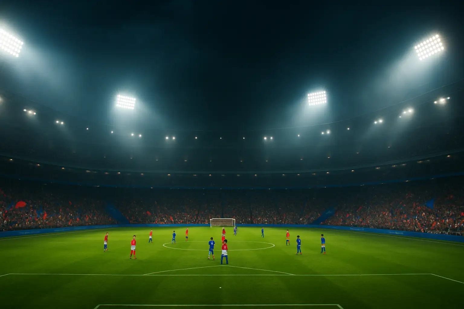 Football players on a World Cup pitch under stadium floodlights during a knockout match