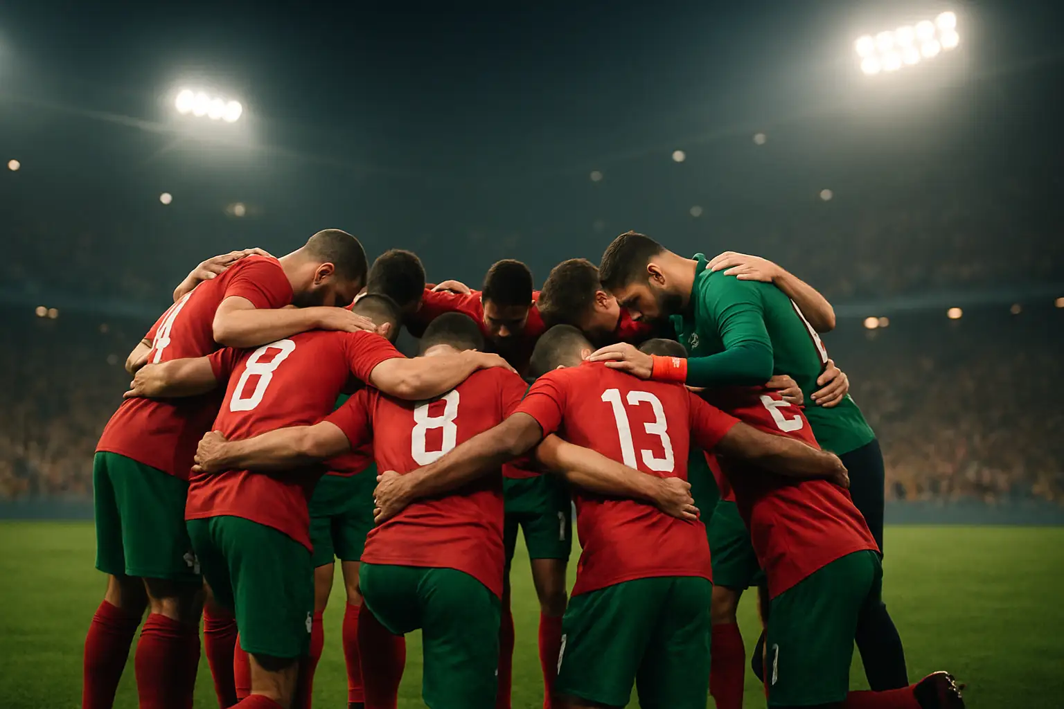 Portugal players standing in a huddle on the pitch during a World Cup match