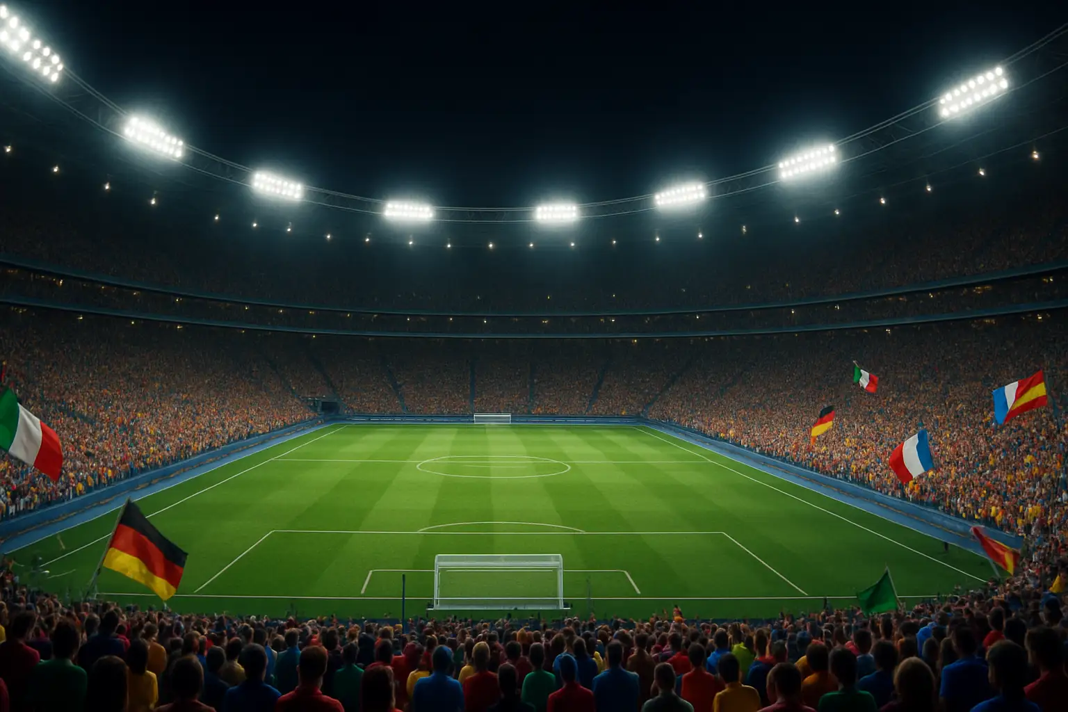 Football stadium filled with fans during a World Cup knockout stage match
