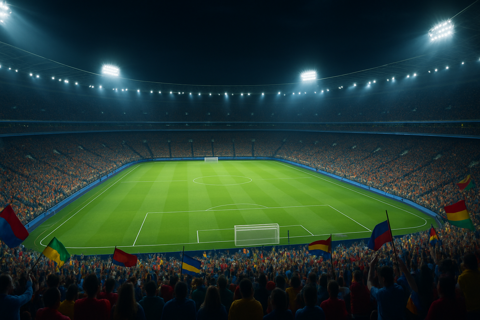 A football stadium illuminated at night with a packed crowd ahead of a major international tournament
