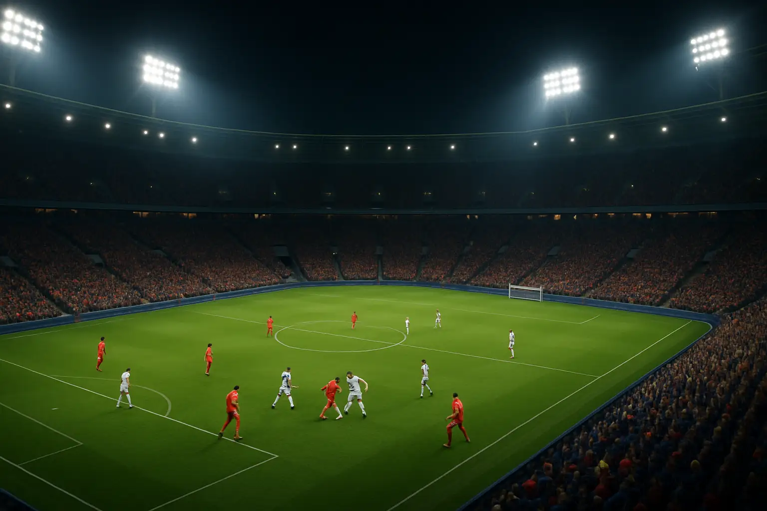 Football players competing in a World Cup knockout stage match under floodlights in a packed stadium