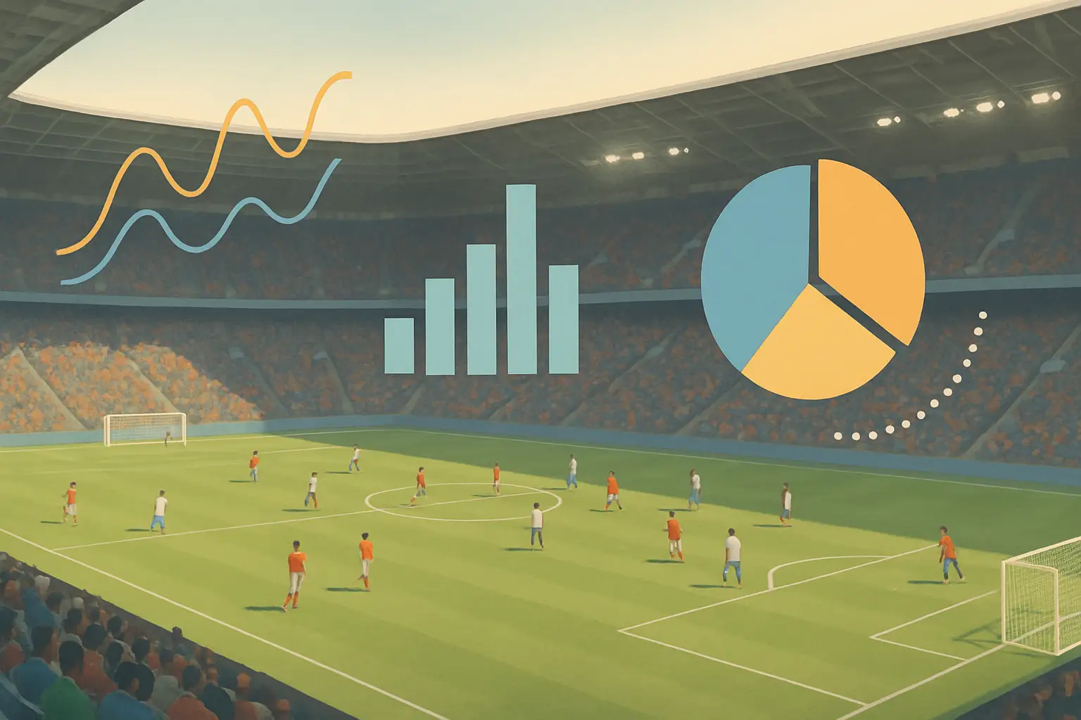 Football players competing on a World Cup pitch with statistical overlay graphics in the background