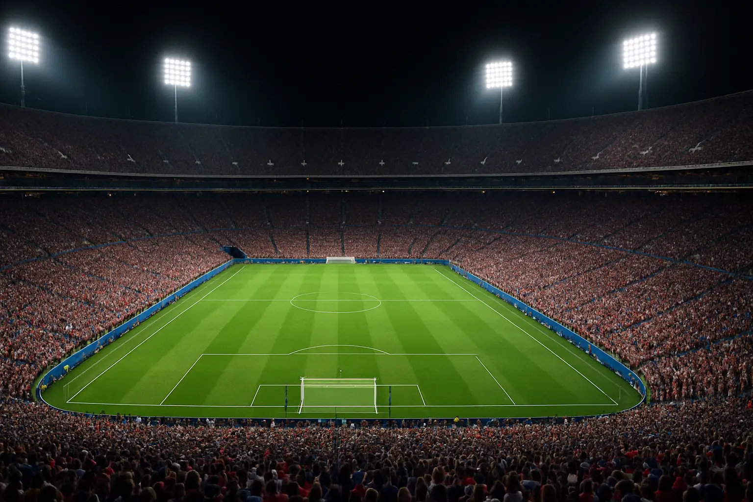Football fans watching a World Cup match on a large stadium screen at night
