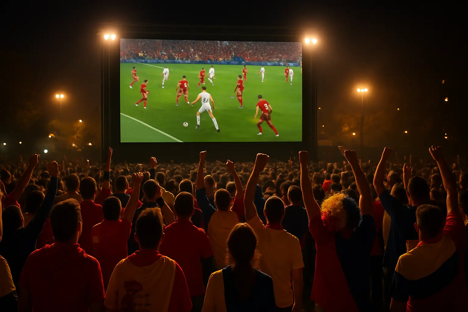 Football fans watching a World Cup match on a large stadium screen at night