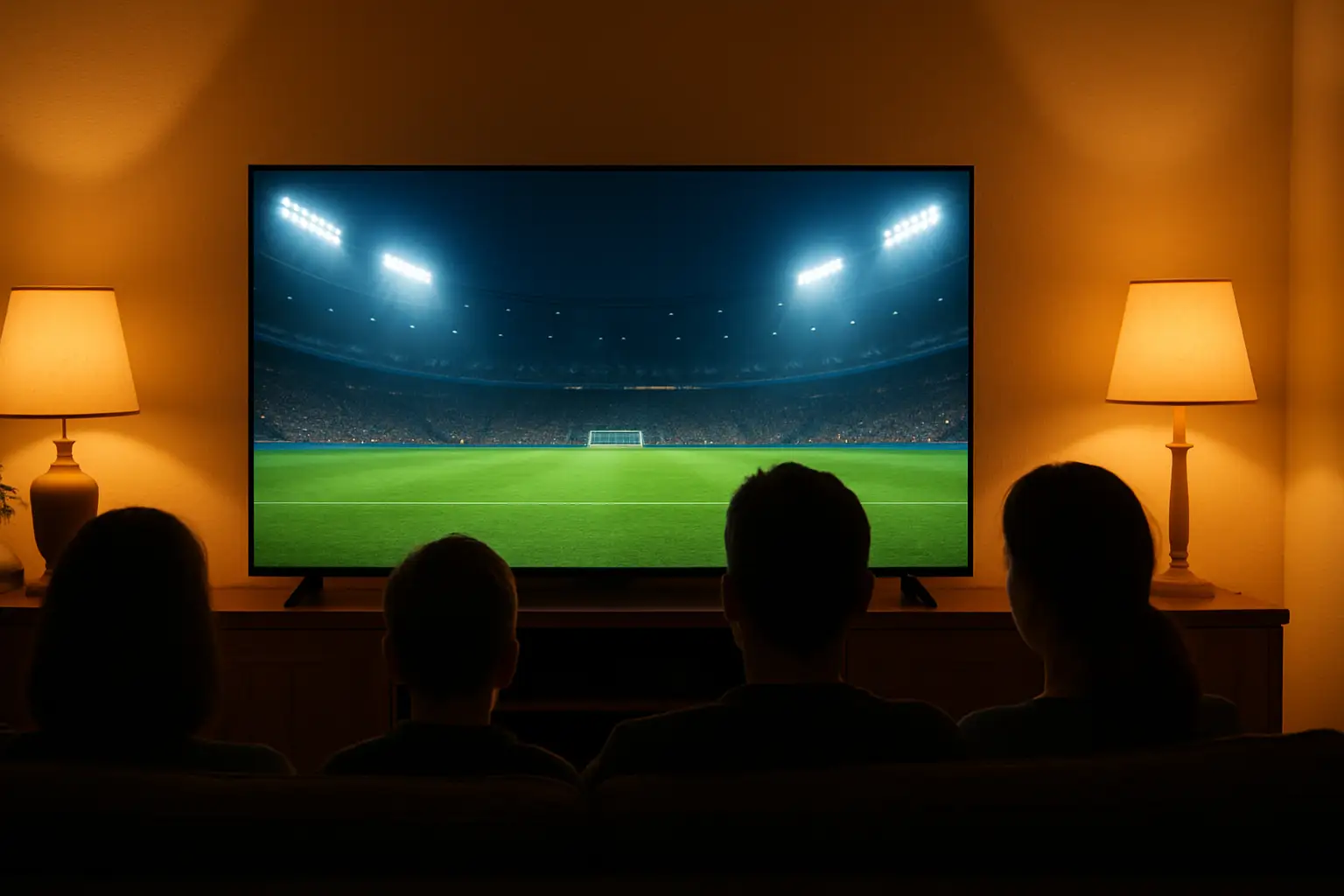 A television screen displaying a live football match broadcast in a living room setting