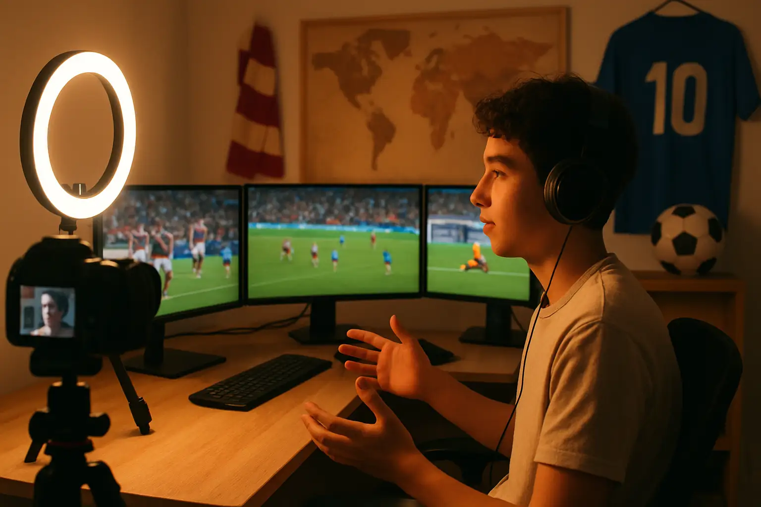 A content creator filming football analysis for a YouTube channel ahead of the 2026 World Cup