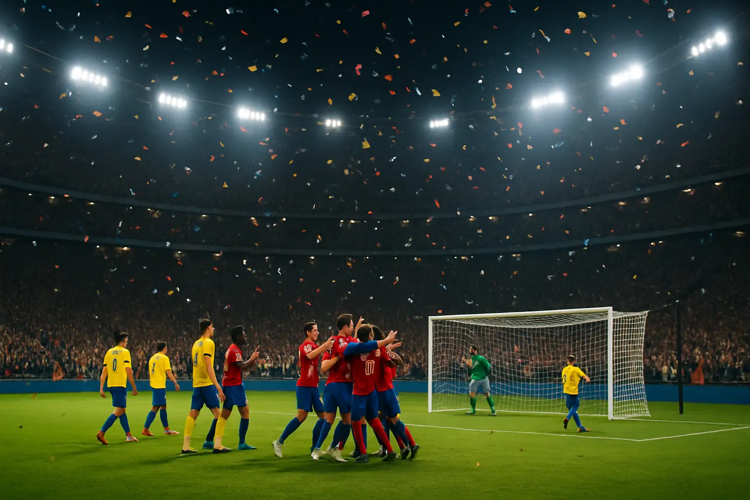 Football players celebrating a goal during a tense FIFA World Cup knockout match in a packed stadium