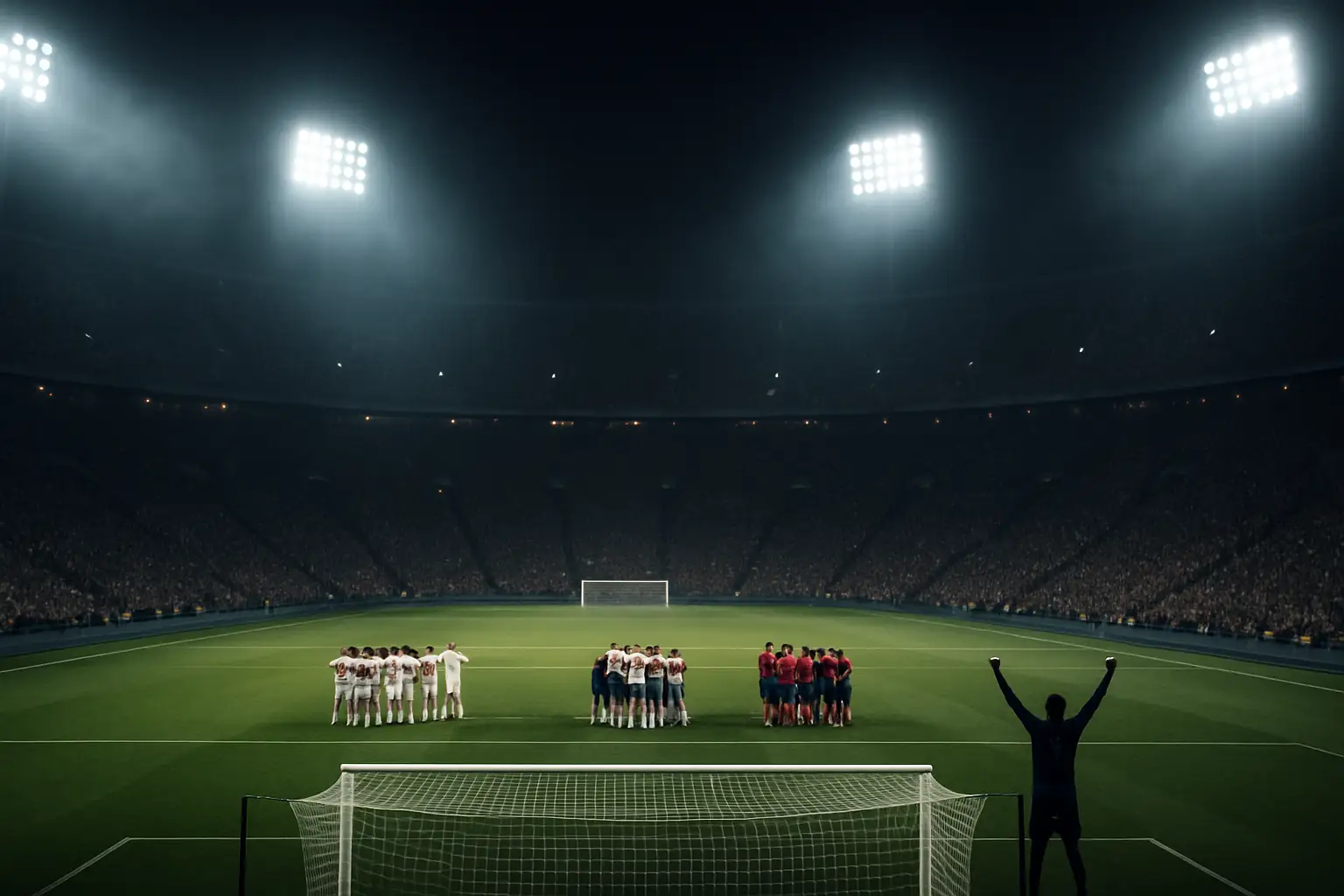 Football players celebrating a penalty shootout victory on a floodlit World Cup stadium pitch